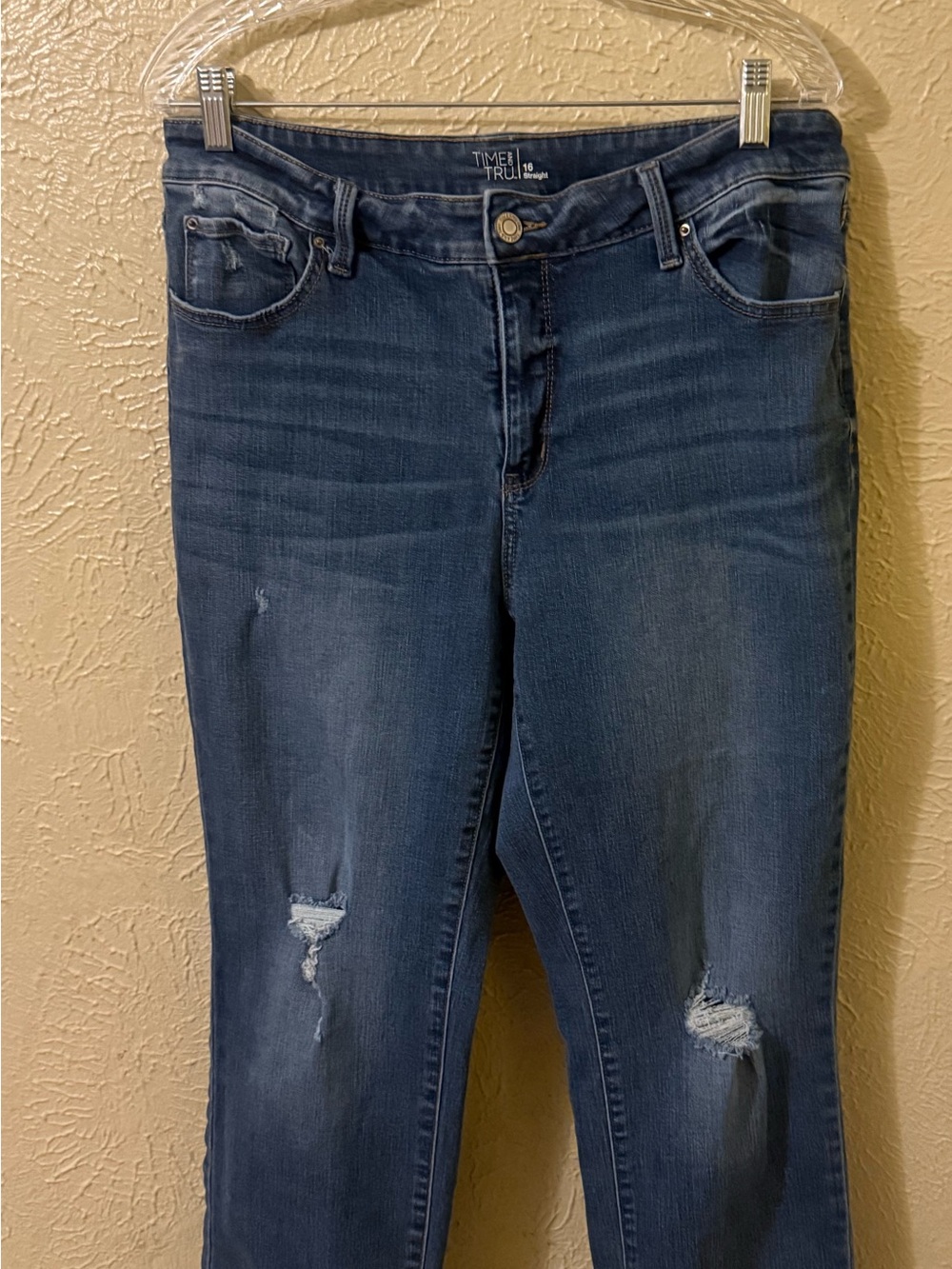 Time and Tru Women's Dark Blue Skinny Jeans with Knee Distressing